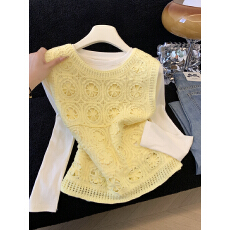 批发实拍新款时尚法式<b class='q'>甜美</b>镂空花针织马甲T恤两件套女小众洋气上衣女