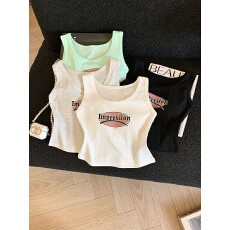 批发实拍复古百搭字母印花背心带胸垫女内搭减龄气质<b class='q'>运动</b>风打底上衣