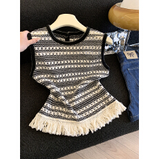 批发实拍条纹流苏宽肩带坎肩无袖上衣针织背心女夏外穿小吊带镂空<b class='q'>罩衫</b>