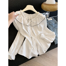 批发实拍春夏清新小圆点荷叶领上衣休闲百搭衬衫上衣女长袖子短款时尚