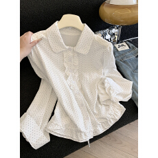 批发实拍春季新款<b class='q'>甜美</b>文艺风娃娃领木耳边波点长袖衬衫女百搭收腰上衣