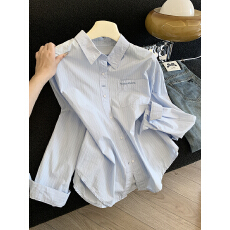 批发实拍字母刺绣蓝色竖条纹<b class='q'>长袖</b>衬衫女早春新款宽松休闲通勤翻领衬衣