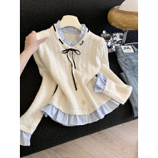 批发实拍<b class='q'>甜美</b>风蝴蝶结系带假两件拼接针织开衫女2026减龄上衣独特漂亮