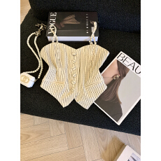 批发实拍新款辣妹抹胸吊带上衣设计感小众女条纹<b class='q'>马甲</b>背心西装内搭短款