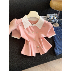 批发实拍小香风<b class='q'>针织衫</b>T恤女设计感小众洋气<b class='q'>短款</b>翻领撞色短袖开衫上衣