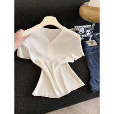 批发实拍春夏韩系纯色坑条收腰显瘦v领短袖<b class='q'>针织衫</b>女正肩<b class='q'>短款</b>T恤上衣