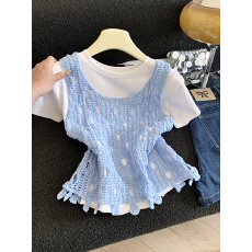 批发实拍新款法式高级洋气编织勾花镂空无袖拼接流苏<b class='q'>亮片</b>叠穿<b class='q'>背心</b>夏