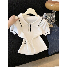 批发实拍时尚学院风翻领短袖针织衫女百搭T恤夏季设计感小众休闲上衣