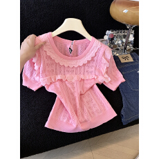 批发实拍蕾丝荷叶边短款针织衫女2026年夏季新款韩版超仙百搭短袖上衣