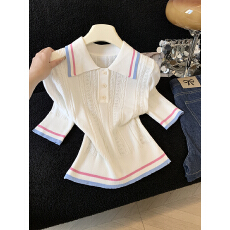 批发实拍时尚学院风翻领短袖针织衫女百搭T恤条纹设计感小众休闲上衣