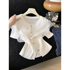 批发实拍高级感拼接网纱<b class='q'>娃娃领</b>短袖针织女2026时尚气质修身开衫上衣