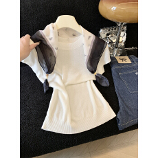 批发实拍<b class='q'>韩版</b>丝巾披肩短袖针织衫女早春氛围感显瘦打底衫内搭上衣女