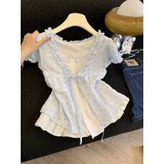 批发实拍法式荷叶边<b class='q'>假两件</b><b class='q'>衬衫</b>女夏季新款木耳边减龄宽松飞飞袖娃娃衫