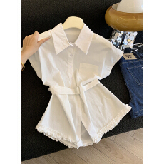 批发实拍法式高级短袖<b class='q'>衬衫</b>女2026夏季新款中长款收腰<b class='q'>衬衣</b>别致上衣女