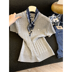 实拍法式叠穿百搭配丝巾麻花针织衫女春日韩系复古打底T恤上衣女