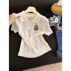 实拍新款春季重工刺绣立体绞花Polo翻领短袖时尚针织衫T恤上衣女