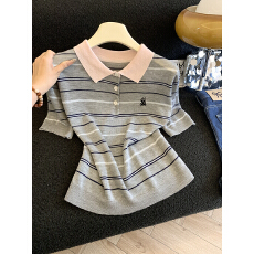 批发实拍夏季新款polo翻领短袖撞色<b class='q'>条纹</b>薄款细针织<b class='q'>打底衫</b>T恤上衣女潮