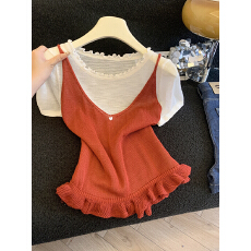 批发<b class='q'>实拍</b>新款春季净色薄款针织短袖圆领毛衣+撞色V领吊带针织背心套装