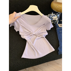 批发<b class='q'>实拍</b>设计感蝴蝶结圆领短袖针织衫女2026夏季新款修身显瘦气质上衣