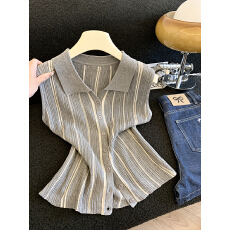 批发实拍翻领条纹针织背心女夏外穿薄款遮副乳工字吊带polo领无袖上衣