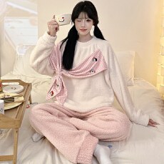 批发实 货 可爱风半边绒睡衣女款秋冬季圆领长袖加厚珊瑚绒家居服套装