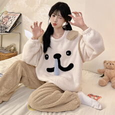 批发实 货 秋冬季新款睡衣女加厚半边绒卡通圆领休闲家居服套装可外穿