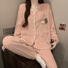 批发实货 秋冬季新款加厚长毛绒睡衣女开衫卡通少女甜美家居<b class='q'>服</b>套装女