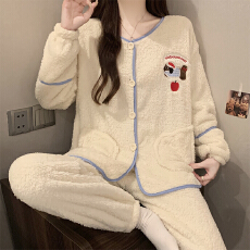 实拍 珊瑚绒睡衣女秋冬季可爱学生ins加厚法兰绒家居服卡其色套装