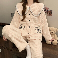 实 拍 小香风法兰绒洋气睡衣女秋冬季新款加厚保暖甜美家居服套装