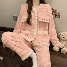 实 拍 秋冬季加厚睡衣女玫瑰绒开衫V领小香风甜美长袖家居服套装