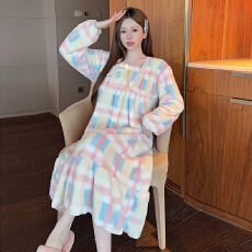 批发实货 法兰绒胖妹妹睡衣女秋冬季韩版加绒加大码220斤家居服女睡裙