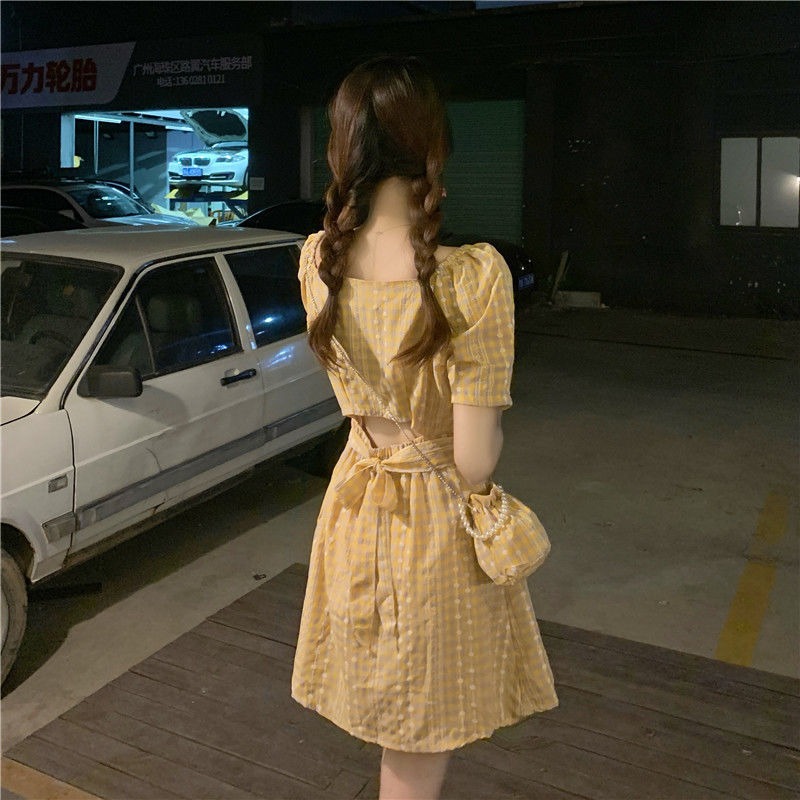 Plaid puff sleeve dress for women in summer new French first love gentle style small temperament short skirt