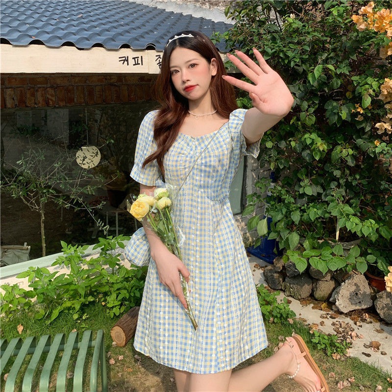 Plaid puff sleeve dress for women in summer new French first love gentle style small temperament short skirt