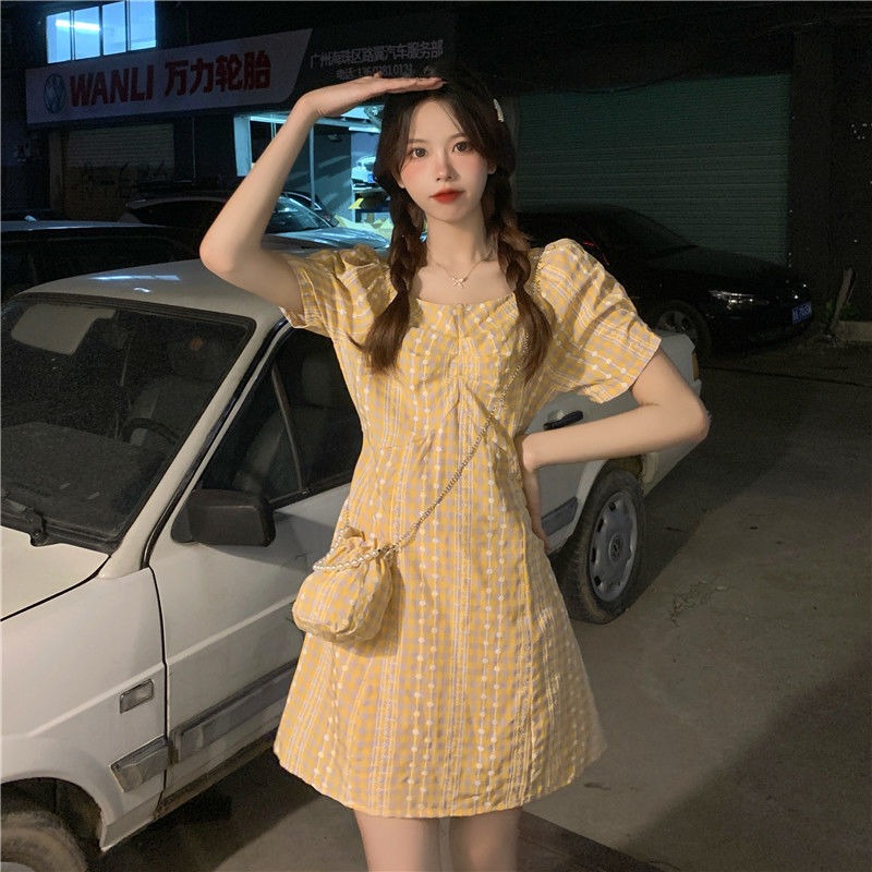 Plaid puff sleeve dress for women in summer new French first love gentle style small temperament short skirt