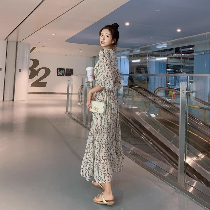 Floral dress 2025 spring new white chiffon summer long skirt five-quarter sleeve skirt fairy super fairy forest series