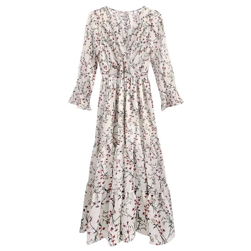 Floral dress 2025 spring new white chiffon summer long skirt five-quarter sleeve skirt fairy super fairy forest series