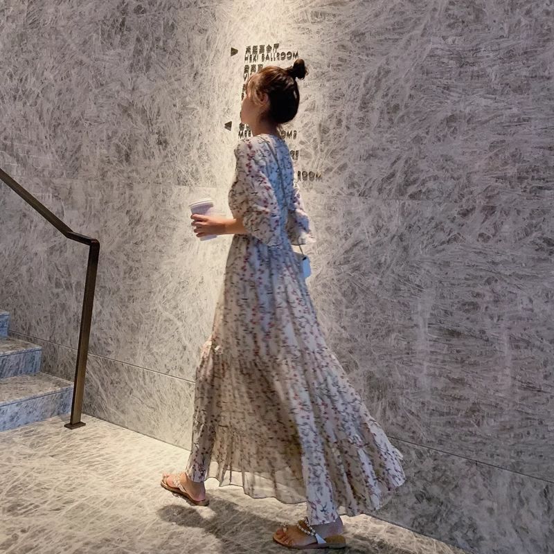 Floral dress 2025 spring new white chiffon summer long skirt five-quarter sleeve skirt fairy super fairy forest series