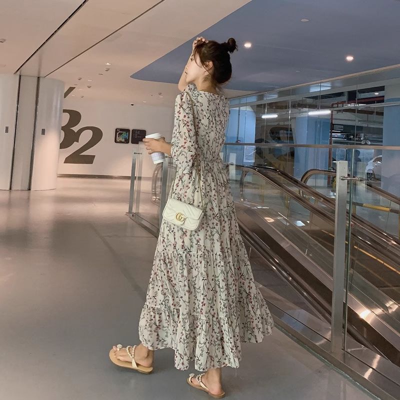 Floral dress 2025 spring new white chiffon summer long skirt five-quarter sleeve skirt fairy super fairy forest series