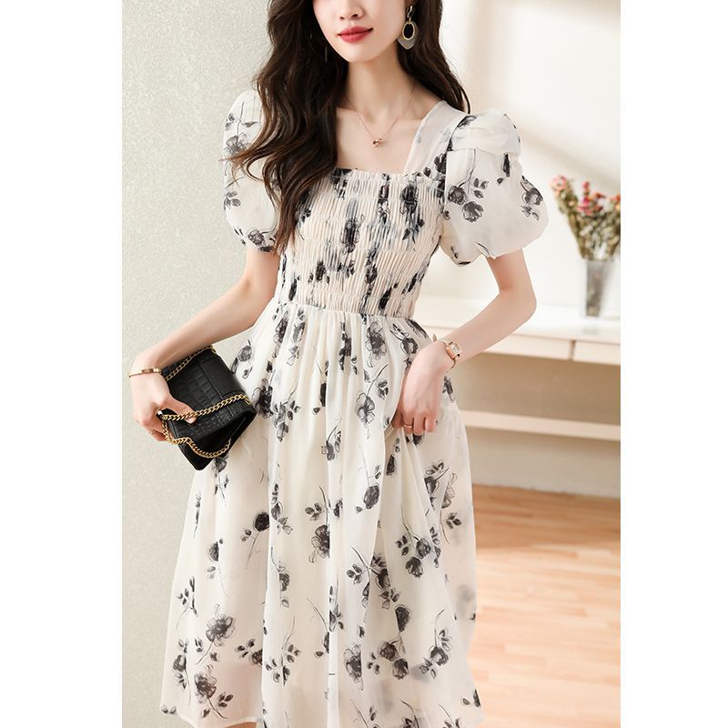 Platycodon style square collar floral dress summer fashion women's clothing forest temperament vacation super fairy princess long skirt