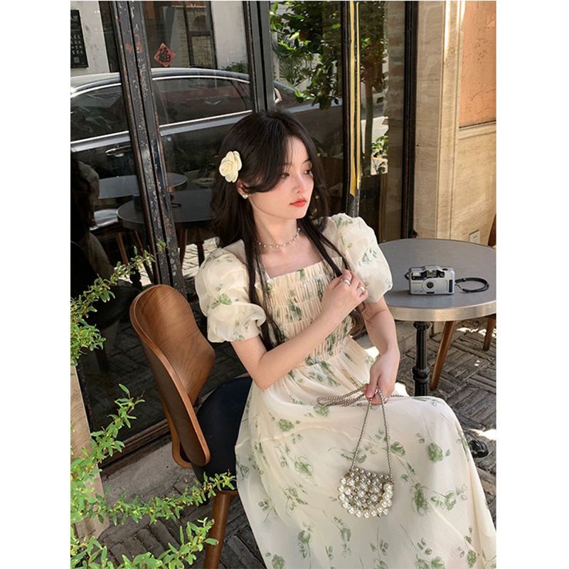 Platycodon style square collar floral dress summer fashion women's clothing forest temperament vacation super fairy princess long skirt