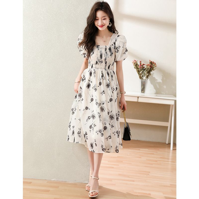 Platycodon style square collar floral dress summer fashion women's clothing forest temperament vacation super fairy princess long skirt