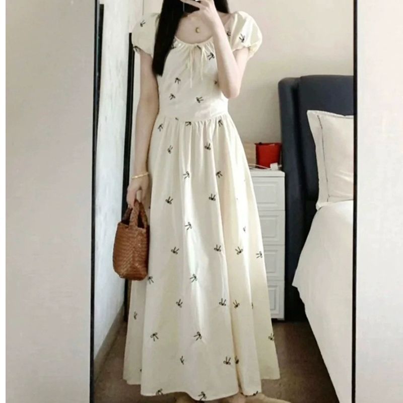 New gentle French lace-up bubble dress summer waist-hugging temperament slimming in the sky shipping printed skirt