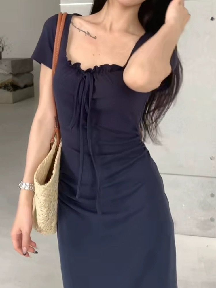 French blue hip-covered dress for women in summer new high-end style waist-hugging and slimming temperament fish tail long skirt