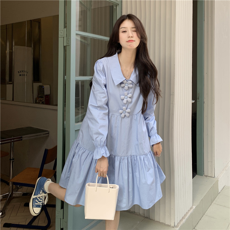 Blue long-sleeved shirt dress for women's spring new French first love small chic sweet skirt...
