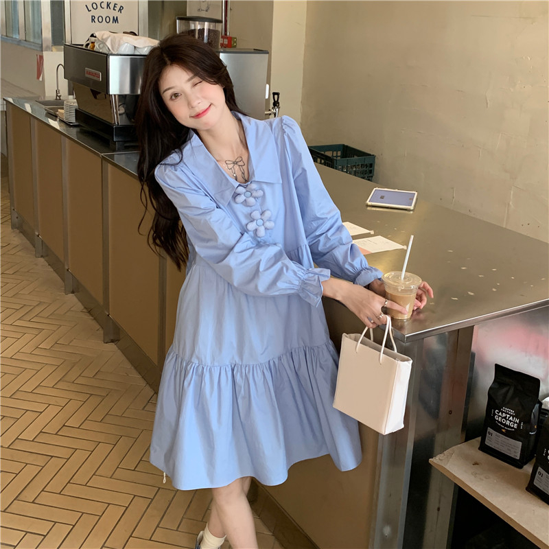Blue long-sleeved shirt dress for women's spring new French first love small chic sweet skirt...