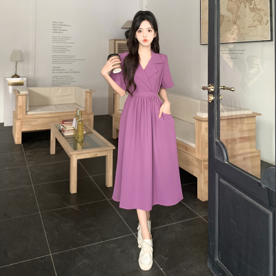 New style suit collar waist-hugging slimming pocket design dress for women