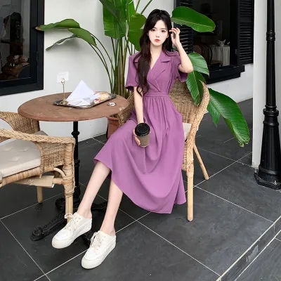 New style suit collar waist-hugging slimming pocket design dress for women