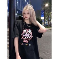 批发潮美式复古卡通趣味黑色短袖t恤女春夏情侣装上衣服