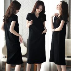 批发连衣裙女夏<b class='q'>大码</b>宽松显瘦胖MM韩版T恤裙长款夏装短袖V领打底衫裙子