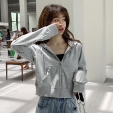 批发拉链薄款外套秋装宽松韩版潮连帽短款长袖开衫卫衣女